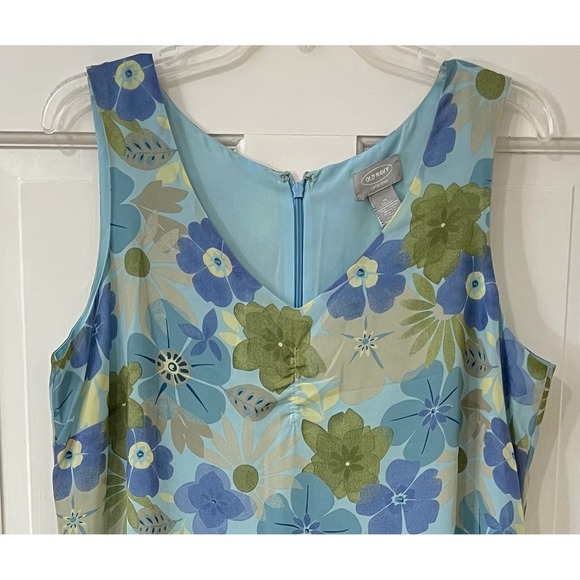 Vintage 90s Y2K Old Navy 14 Sheer Overlay Dress Blue Hibiscus Floral Ruched Bust - Picture 2 of 5